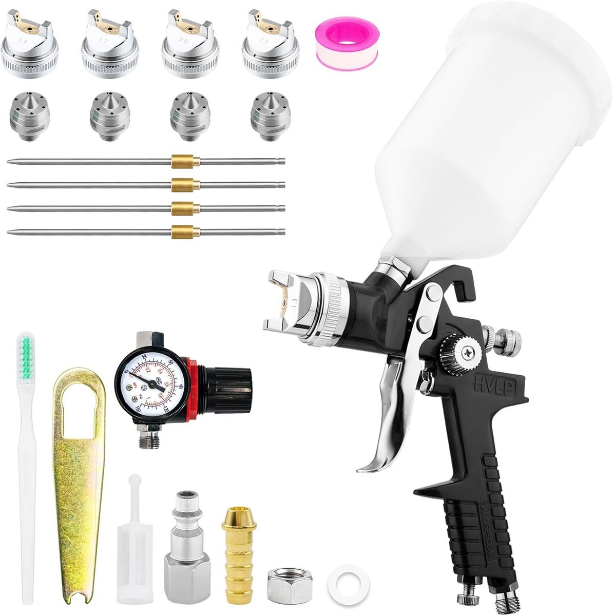 Professionele HVLP Verfspuit Set met 4 Nozzles, 600ml Plastic Cup en Drukmeter voor Precisieverf en Autospuiten