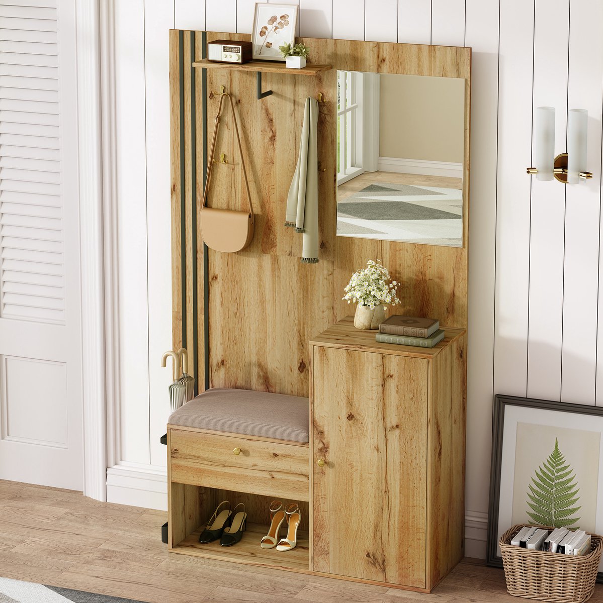 COVREO Schoenenkast 115x37x185 cm naturel, MDF met spiegel en zitkussen