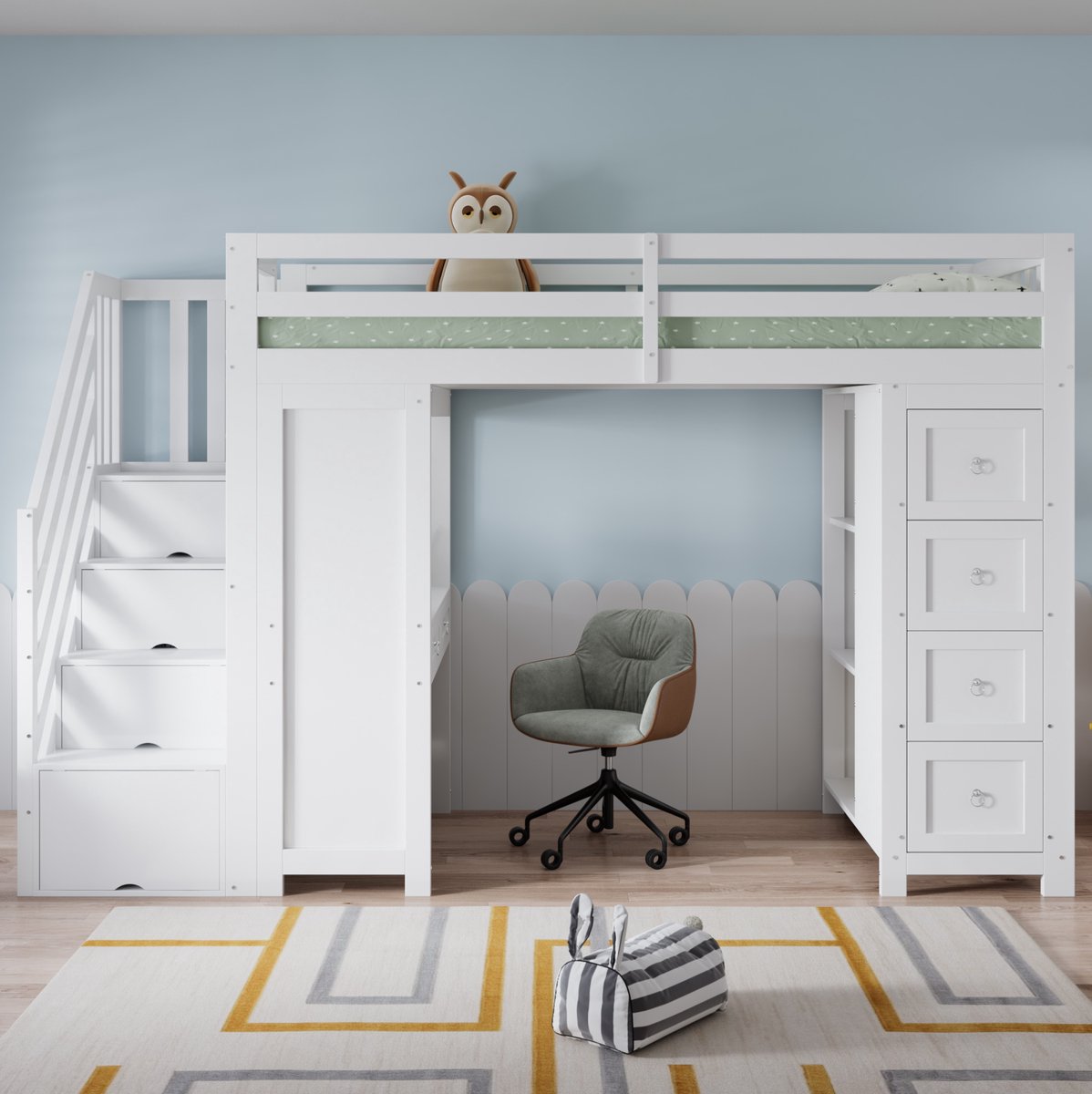 DESMIU Hoogslaper 90x200 cm – Met Bureau En Opbergruimte – Ingebouwde Trap Met Leuningen En Lades – Voor Kinderen – Hout MDF Spaanplaat – Wit – Zonder Matras