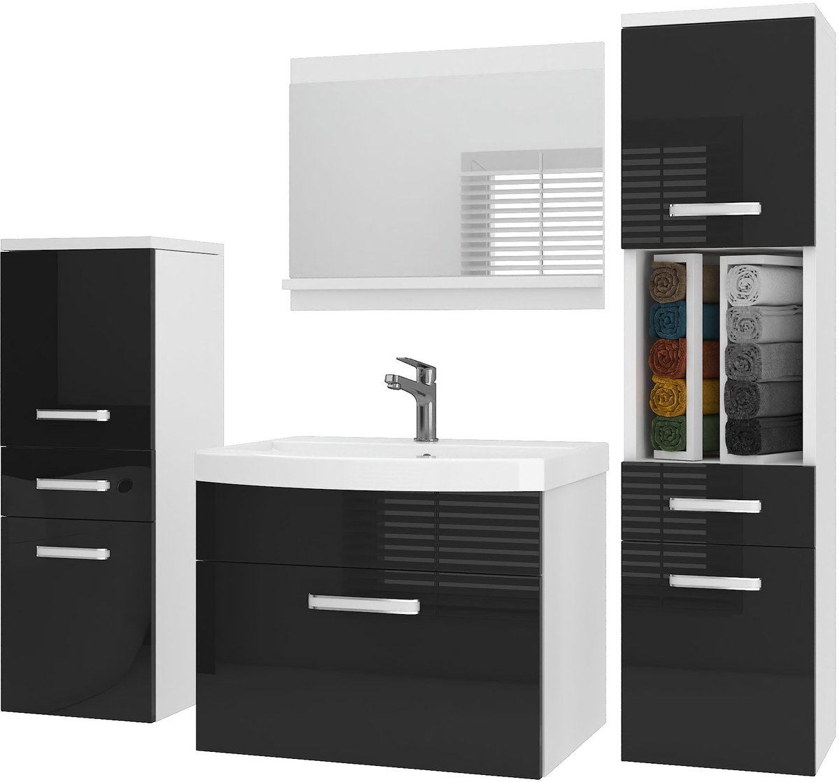 BELINI Badkamermeubel Set PRI P5 - Badmeubelset 120 cm Zwart Hoogglans met Wastafel en Spiegel - Wandmontage