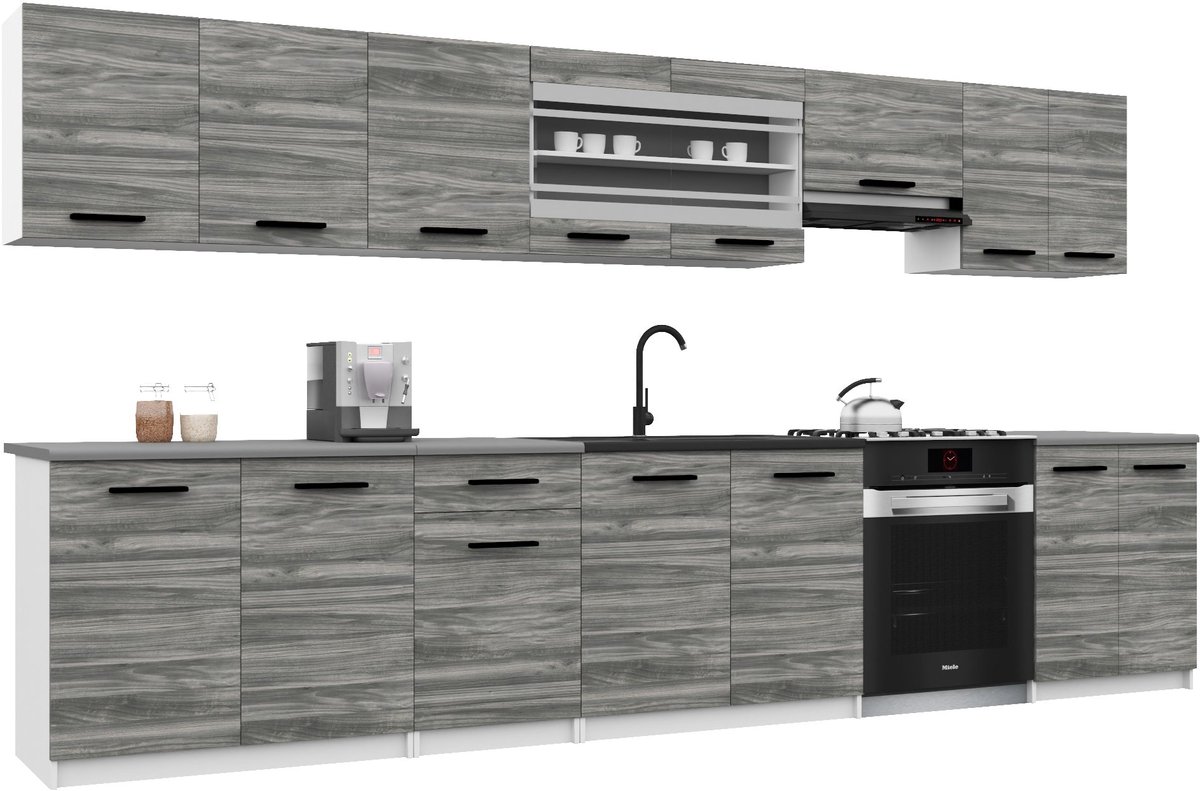 BELINI Keukenblok ITALIA 3 - Keukenmeubel Set 320 cm Grijs Glamour met Werkbladen - Boven- en Onderkasten