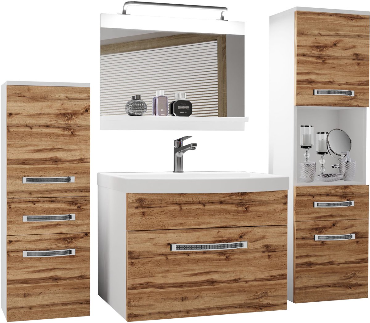 BELINI Badkamermeubel Set GLA M 5 - Badmeubelset 140 cm Wotan Eiken Mat met Wastafel, Spiegel en LED Lamp - Wandmontage