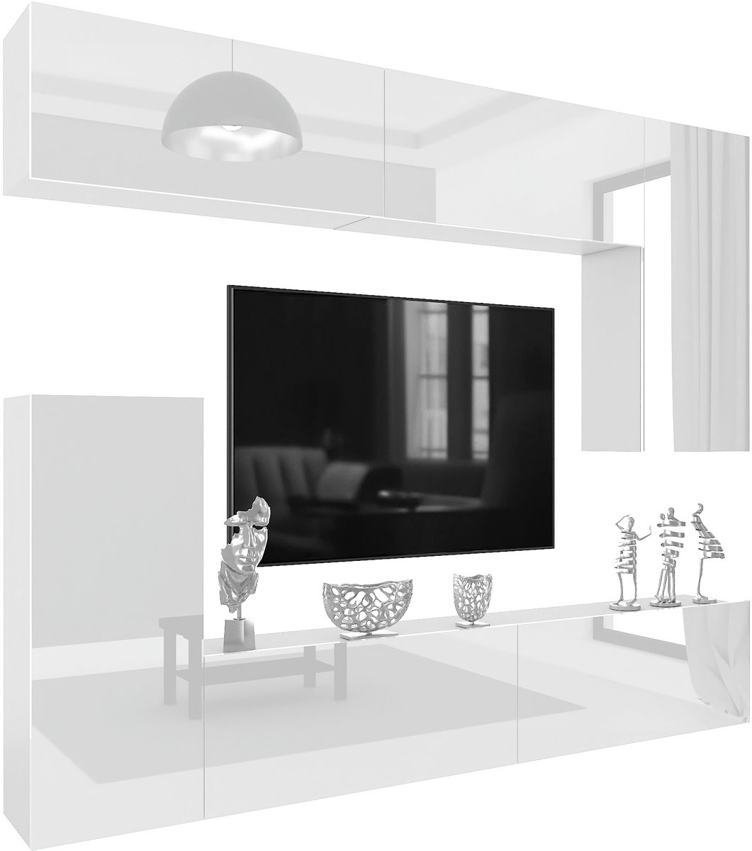 BELINI Wandmeubel Milano 8 250 cm Wit Hoogglans - TV-Wand Greeploos - Moderne Woonwand met Gasliftsysteem - Modulair TV-Meubel