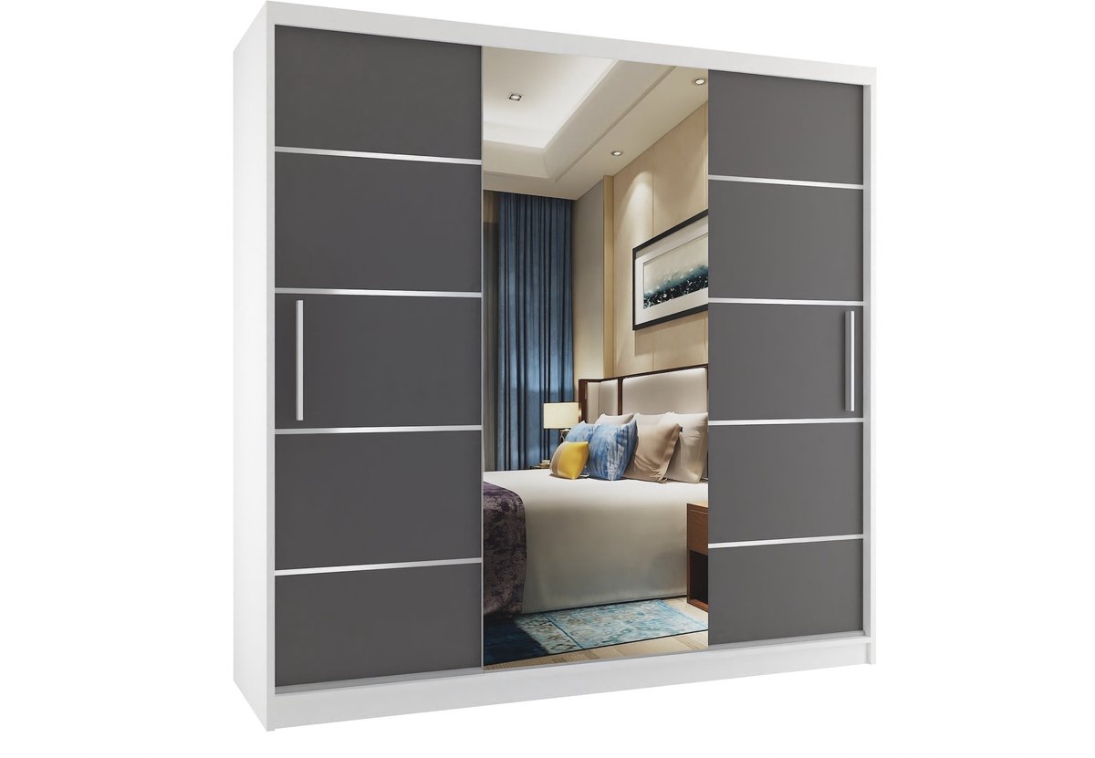 BELINI Verona MT Schuifdeurkast 200 cm Wit/Grijs Mat - Kledingkast met Spiegel & Lades - Comfort Line Driedeurkast
