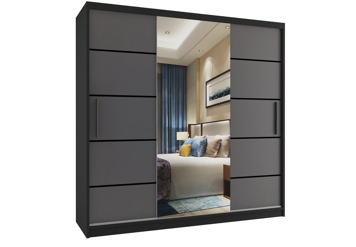 BELINI Verona MT Schuifdeurkast 200 cm Zwart/Grijs Mat - Kledingkast met Spiegel & Lades - Comfort Line Driedeurkast