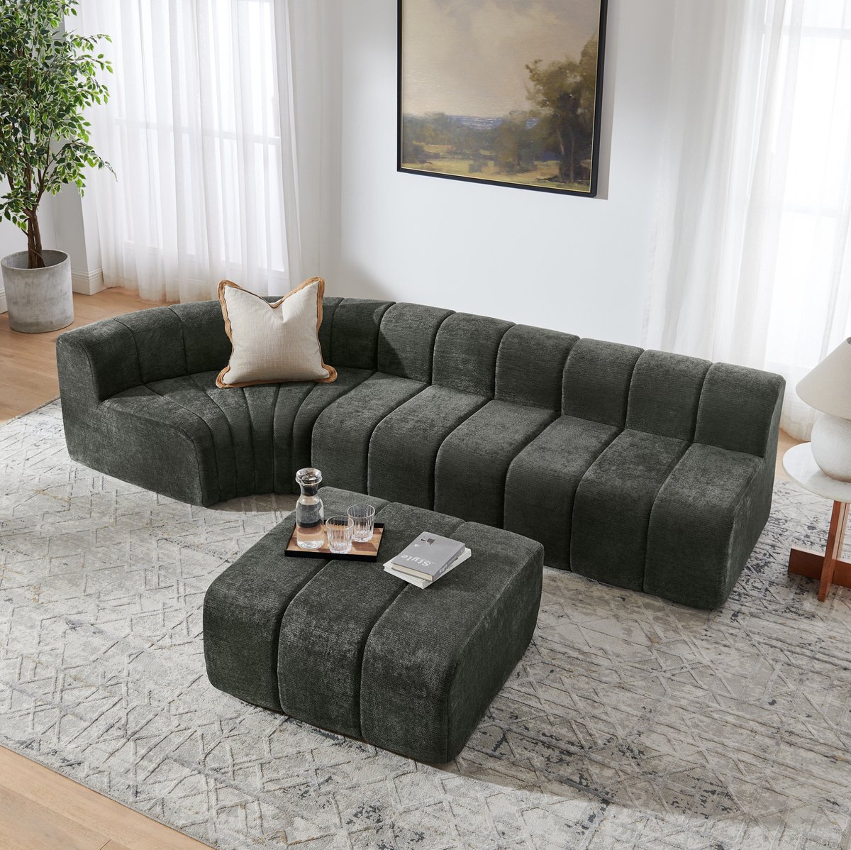 OKWISH Hoekbank 283 x 198 cm - Vrij Combineerbaar Modulair 4-Zits Ontwerp met Multifunctionele Modules - Woonkamer - Chenille - Zwart