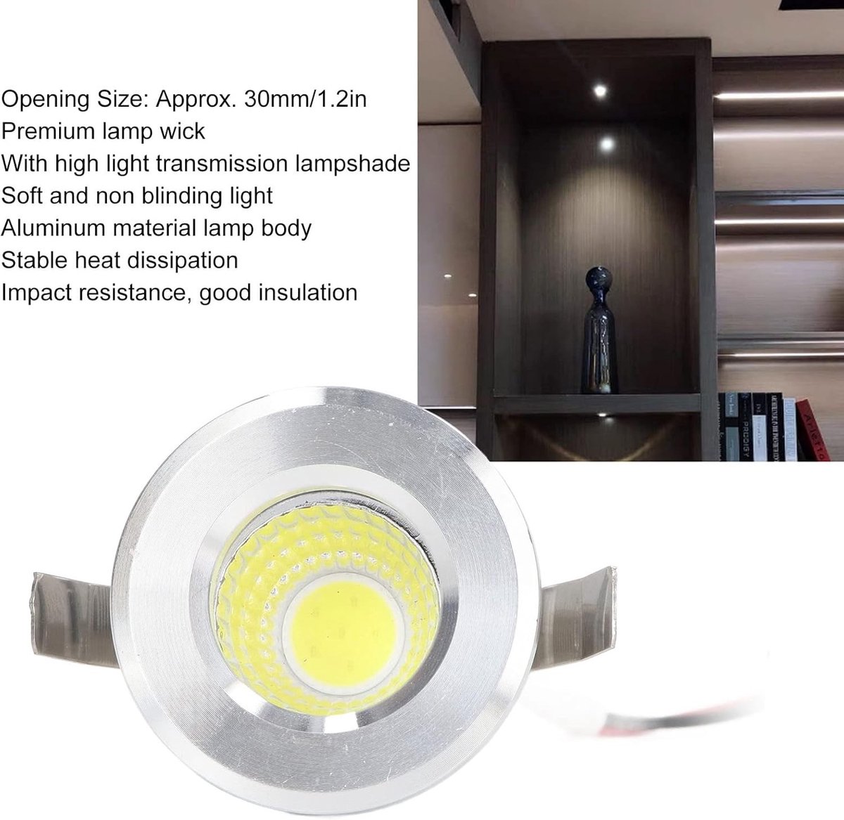 Mini LED inbouwspot, COB spotlight voor sieraden etalages en verlichting van lage kasten, energiezuinige LED verlichting met warm wit licht 3000K en stabiele warmteafvoer