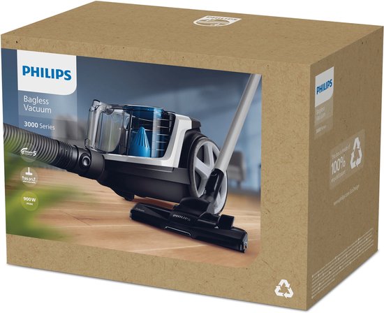 Boîte du Philips Bagless Vacuum 3000 Series avec image de l'aspirateur.