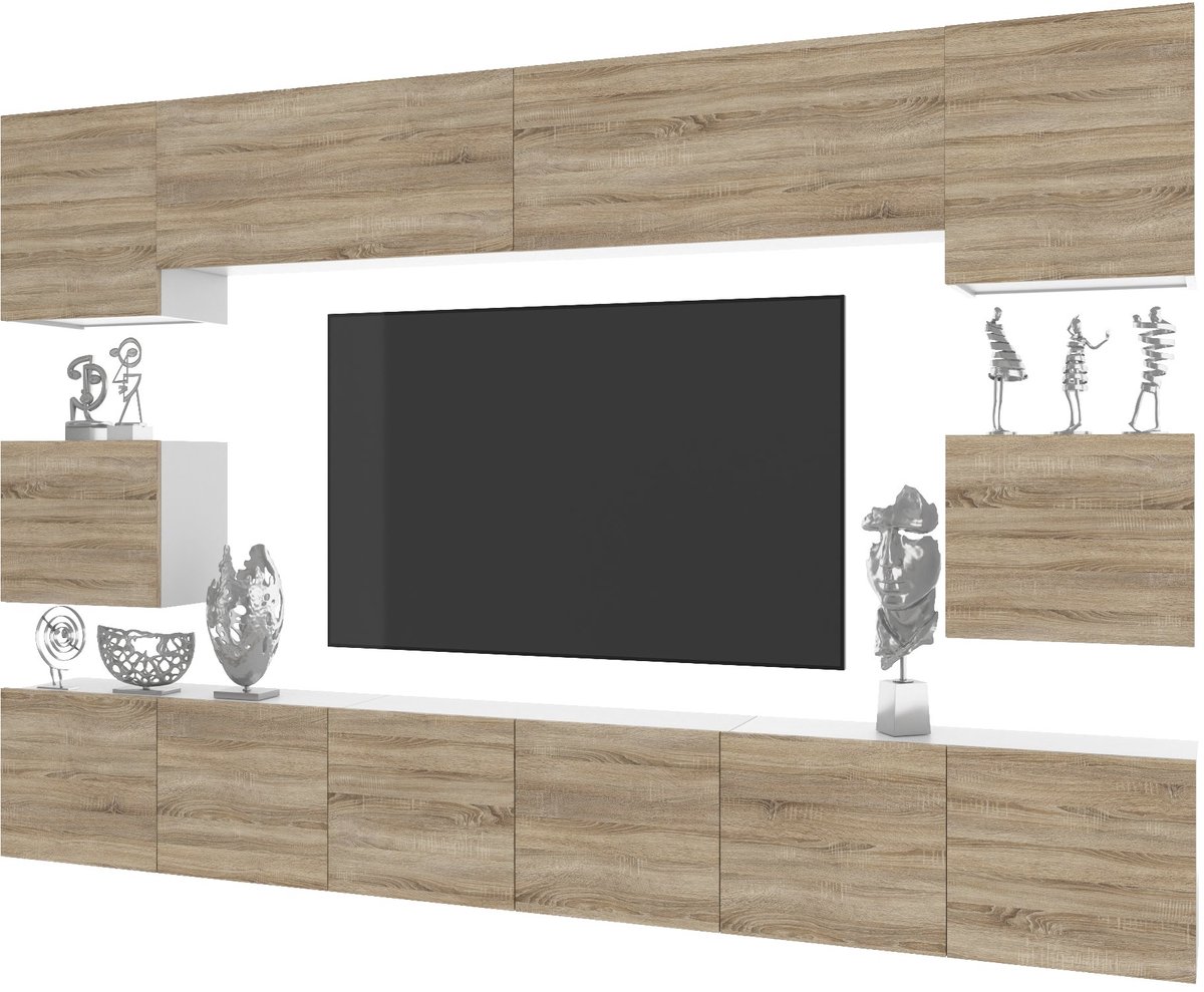 BELINI Wandmeubel Milano 3 300 cm Sonoma Eiken Mat - TV-Wand Greeploos - Moderne Woonwand met Gasliftsysteem - Modulair TV-Meubel