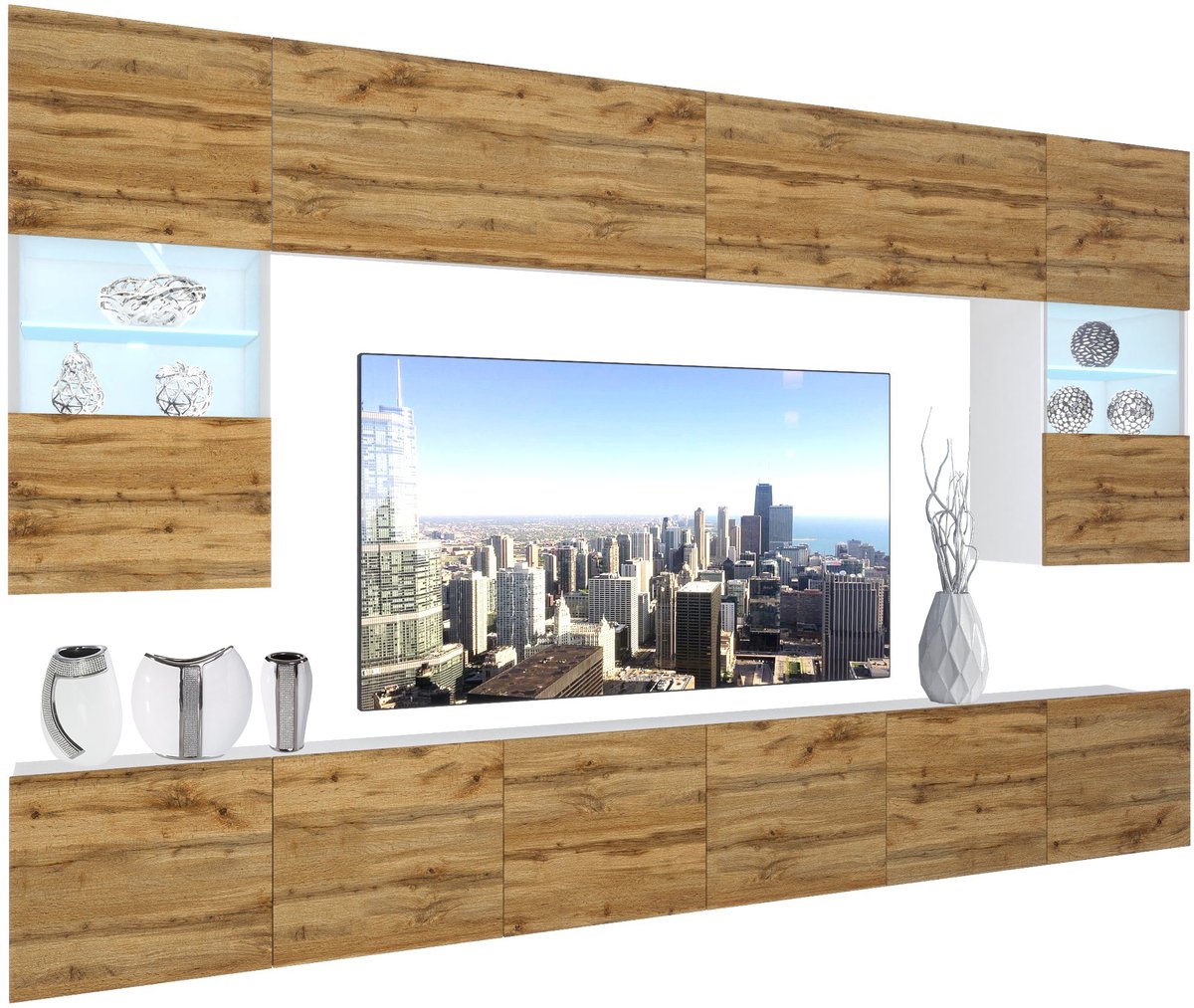 BELINI Wandmeubel NEX 1 - TV-Wandkast Set met LED-Verlichting Wotan Eiken - Hoogglans Fronten