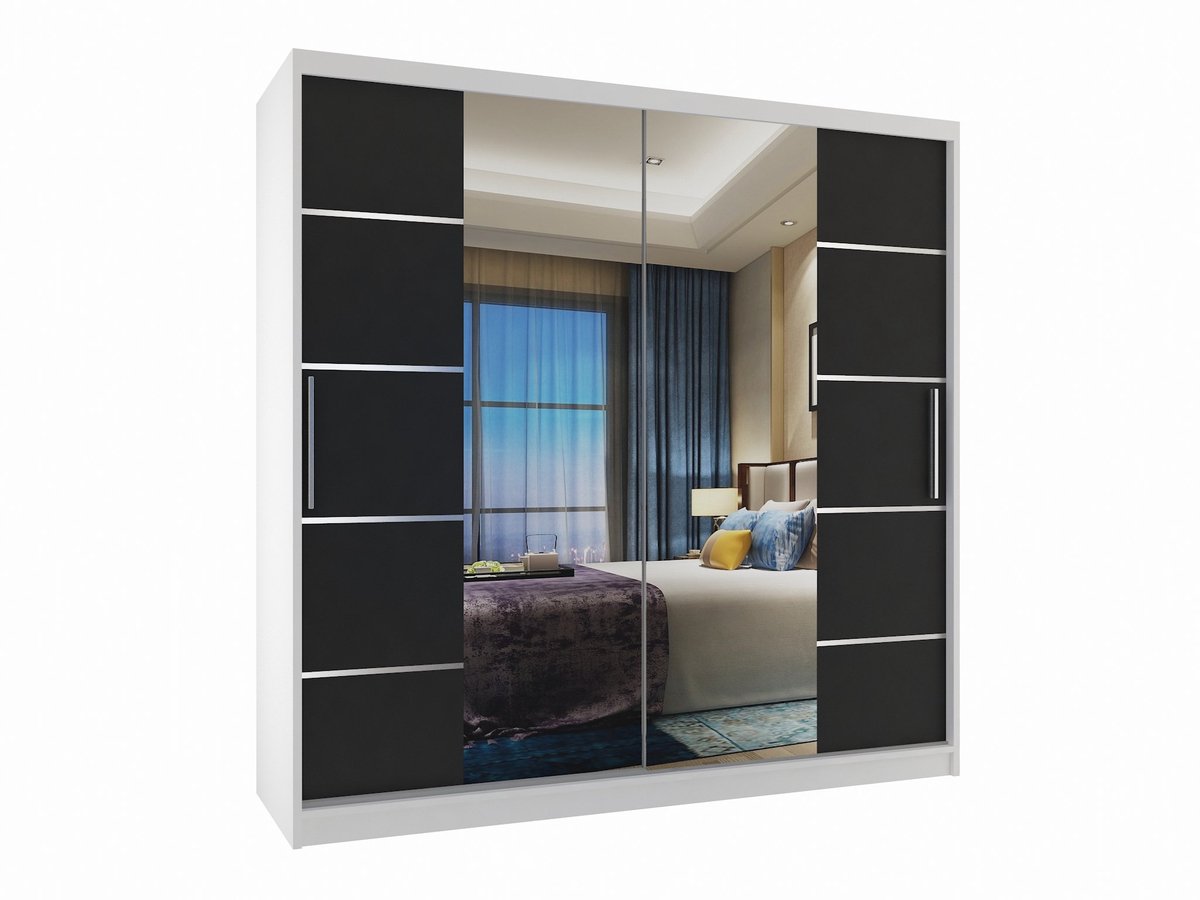 BELINI Verona ME Schuifdeurkast 200 cm Wit/Zwart Mat - Kledingkast met Spiegel - Comfort Line Slaapkamerkast