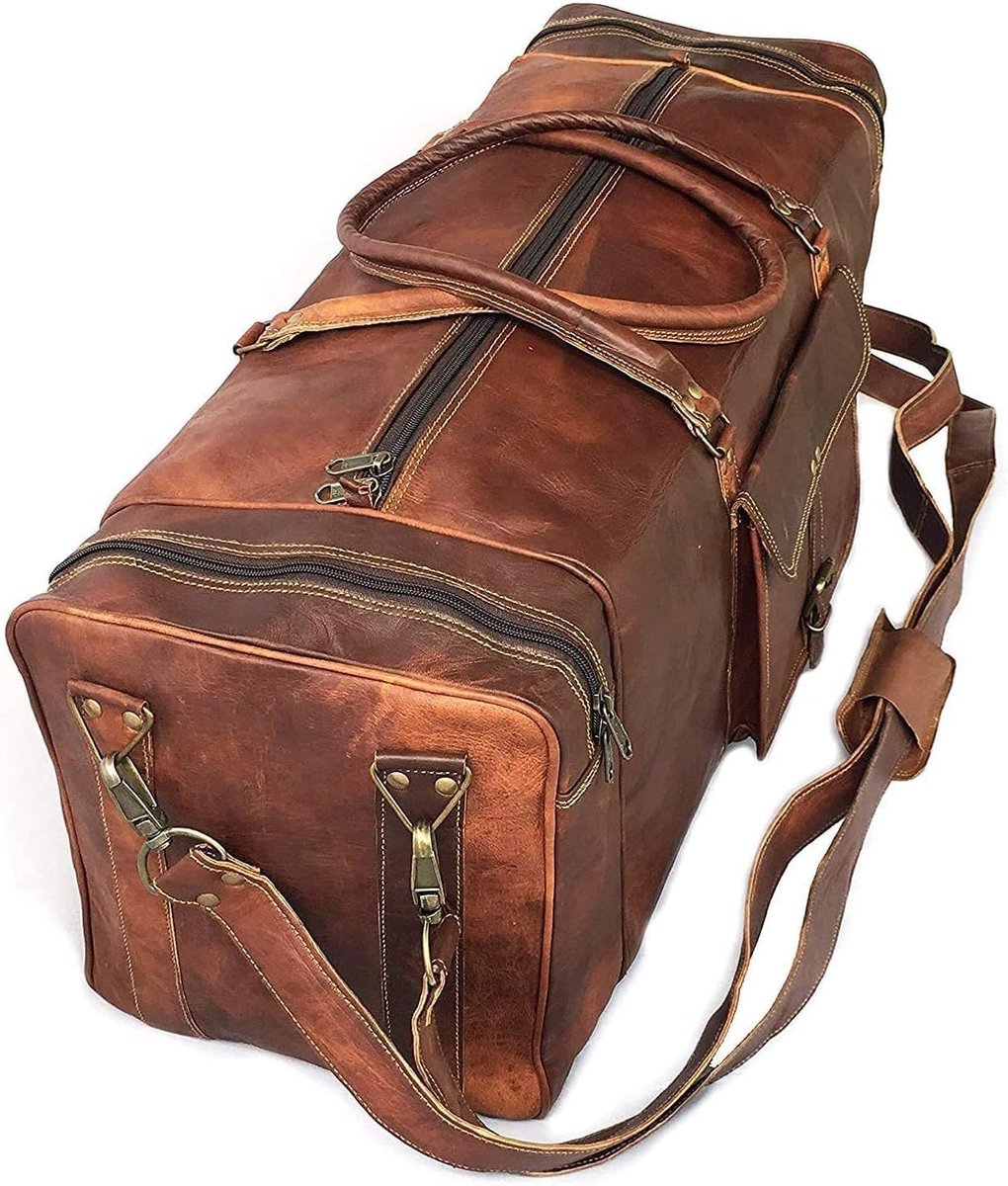 SnelShoppen - Lederen Weekendtas, Waterdichte Sporttas van Leer, Grote Reistas voor Dames en Heren, Bruin XL Formaat voor Reis, Camping, Sport en Dagj