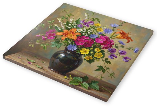 Canvas Schilderij Veldboeket met Lelietjes van Dalen Aquarel Veldbloemen in Vaas Landelijke Botanische Wanddecoratie 60x60 cm