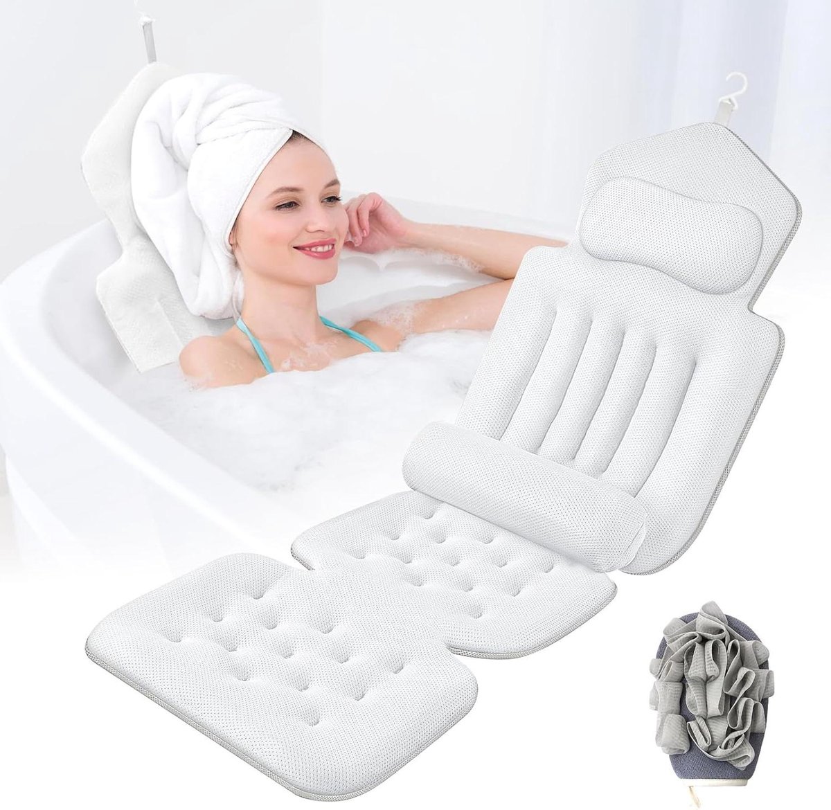 Badkussen Lichaam - Badmat Hoofdsteun - Ontspannen in Bad - Ergonomisch Design - 134 x 41 cm - Wit