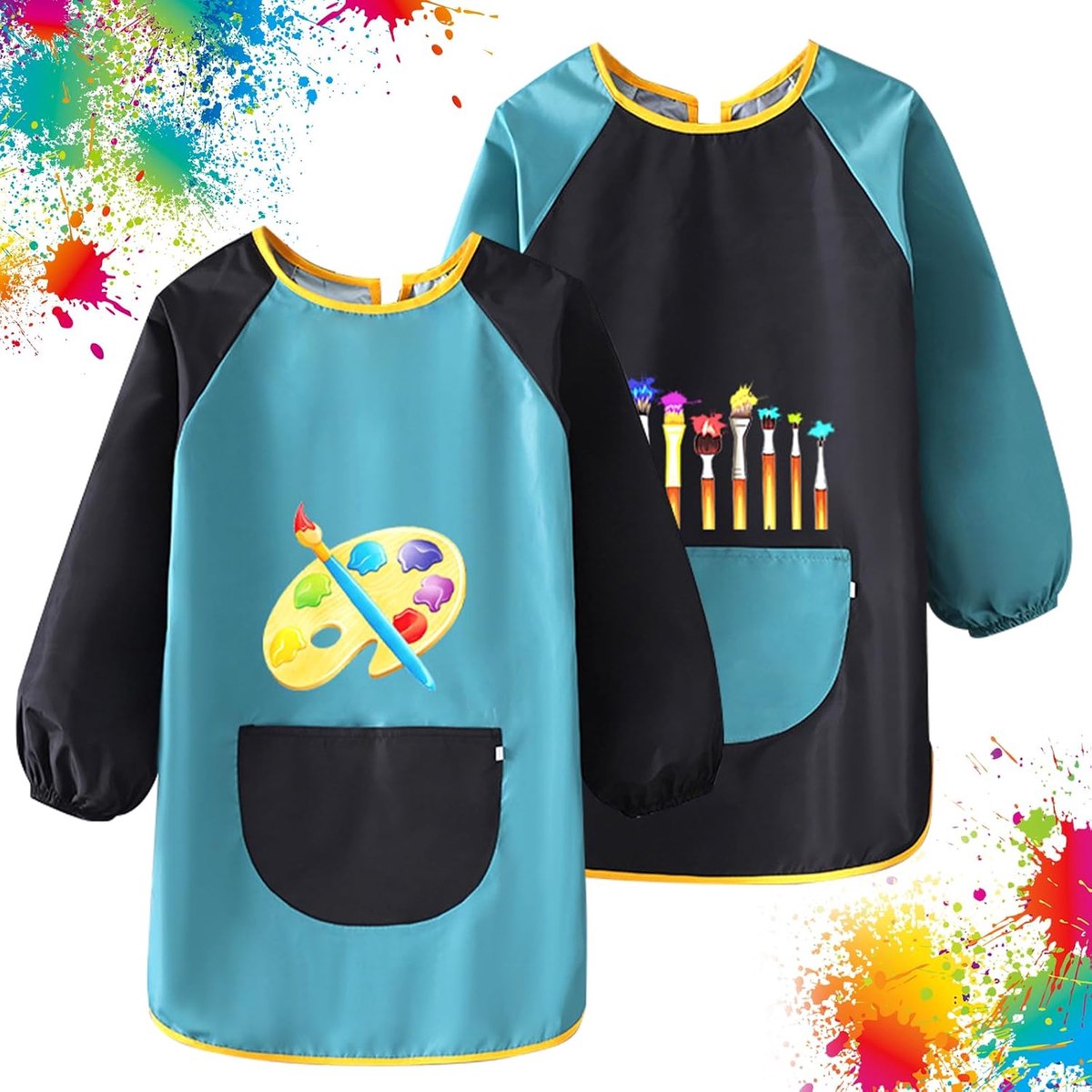 SnelShoppen - 2 stuks waterdichte schildersschort voor kinderen 6-12 jaar, knutselschort met lange mouwen en zakken voor kunst, schilderen, school, me