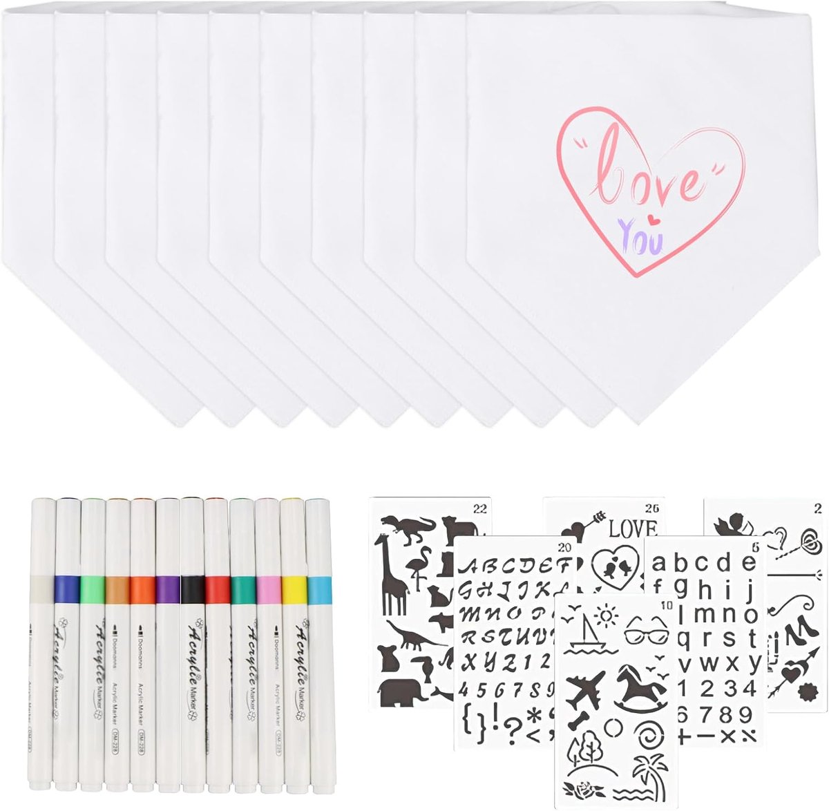 SnelShoppen - Babyslabbetjes om te Beschilderen Set van 10 Stuks, Driehoekige Babydoek van Katoen, Wit met 12 Textielstiften en 6 Schildersjablonen, D