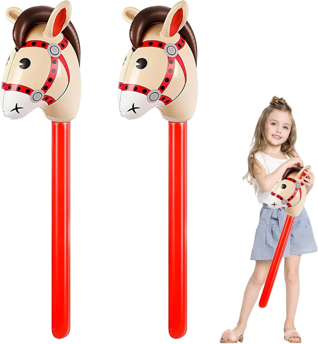 Hobby Paard Invoegset - 2 Stuks Opblaasbare Pony Stokpaard Set voor Kinderen, Cowboy Themaparty Decoratie en Creatieve Spelletjes