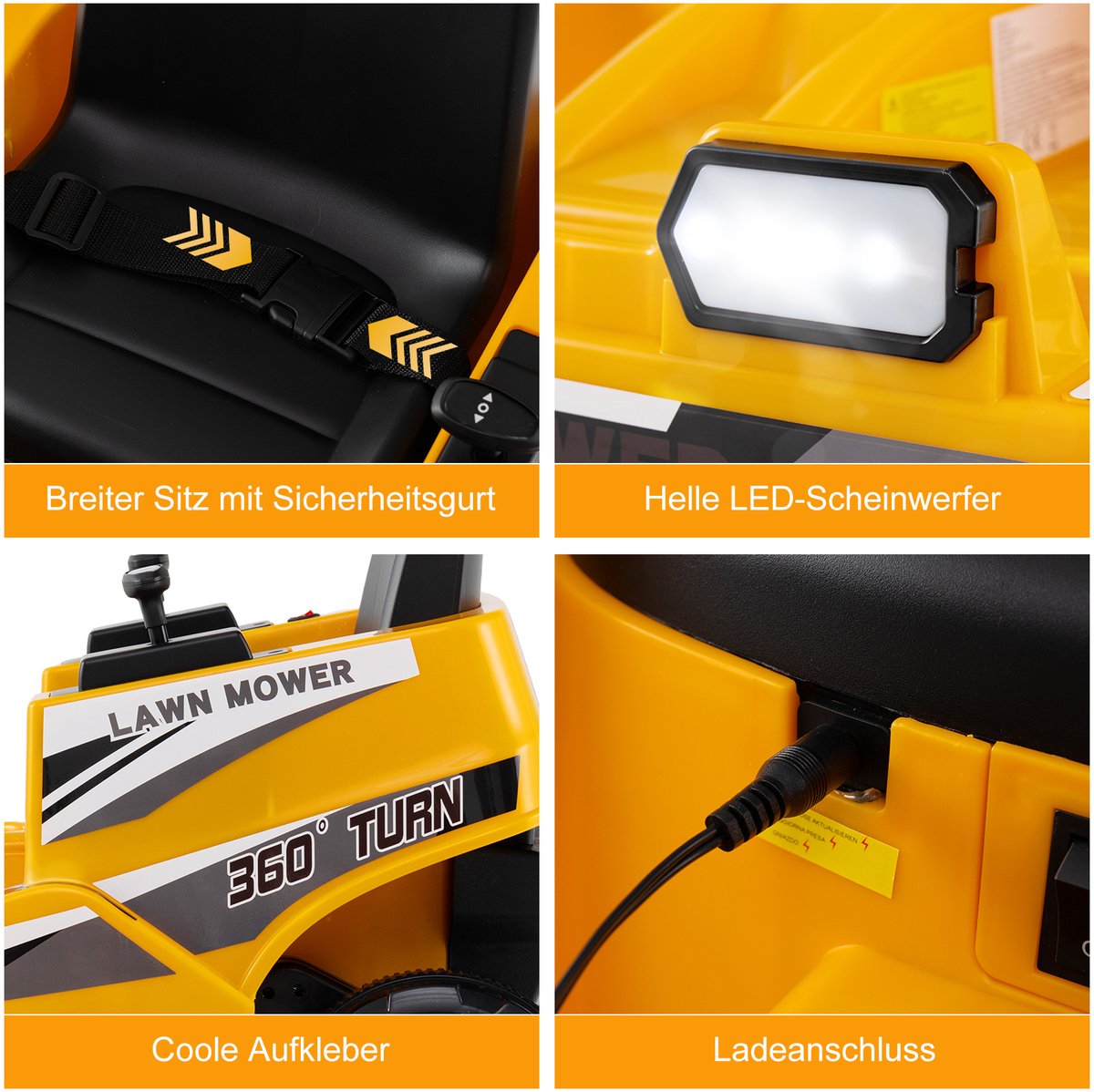 COSTWAY Elektrische grasmaaier voor kinderen, 12 V, met dubbele besturingshendels, ledverlichting, draai- en omkeerbare functie, voor kinderen vanaf 3 jaar (geel)