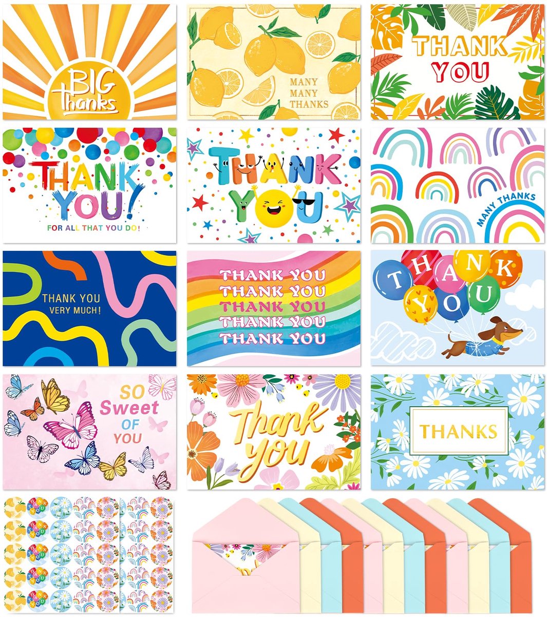 SnelShoppen - Bedankkaarten 48 stuks met 12 unieke ontwerpen, 10x15 cm, inclusief stickers en enveloppen voor vriend, familie, cadeaus, jubileum en af