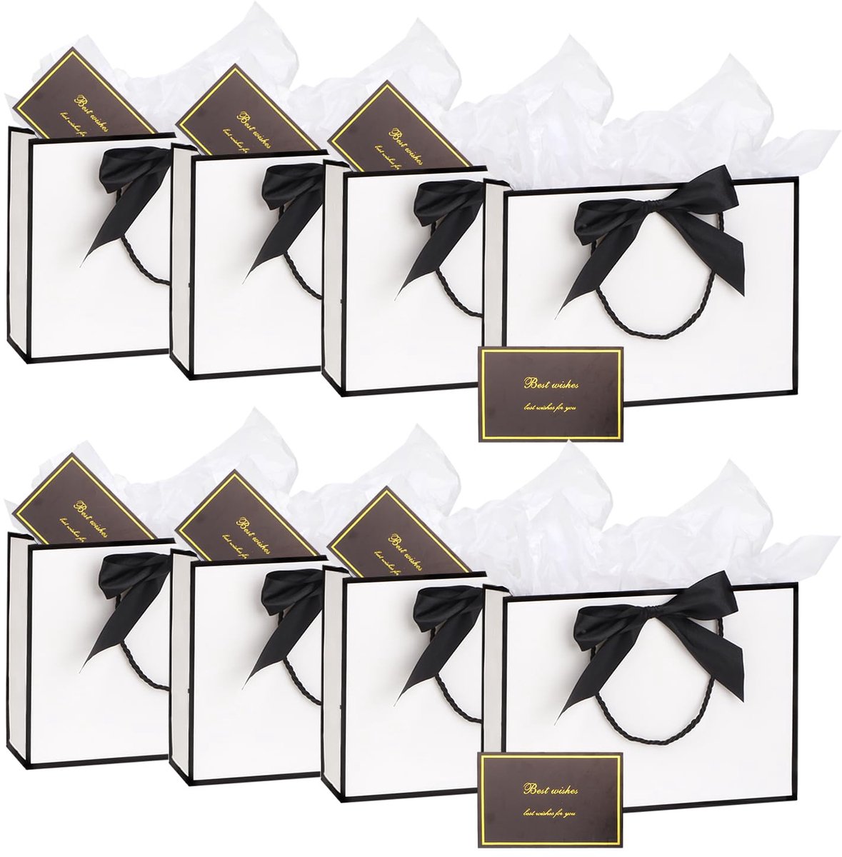 SnelShoppen - 8 Stuks Middelgrote Geschenkzakjes met Handvat, Striklint en Kaart - 20x28x10 cm - Wit/Zwart - Bedankzakjes voor Afstuderen, Bruiloft, V