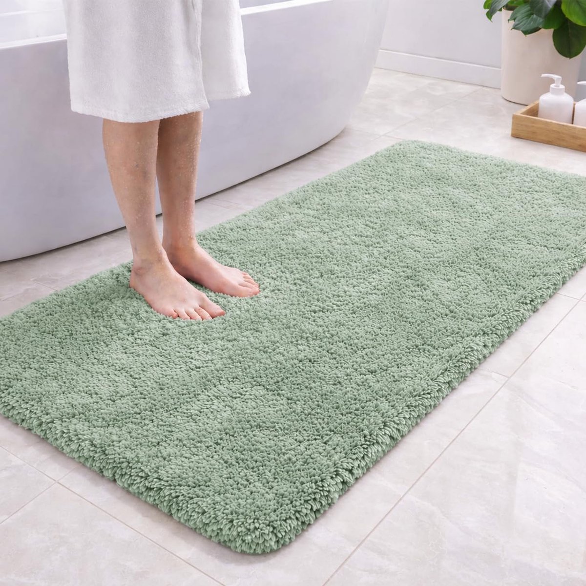 SnelShoppen - Antislip Badmat Microvezel 120x60 cm - Zacht Pluizig Badkamertapijt Lichtgroen, Super Absorberend en Machinewasbaar voor Badkamer, Toile