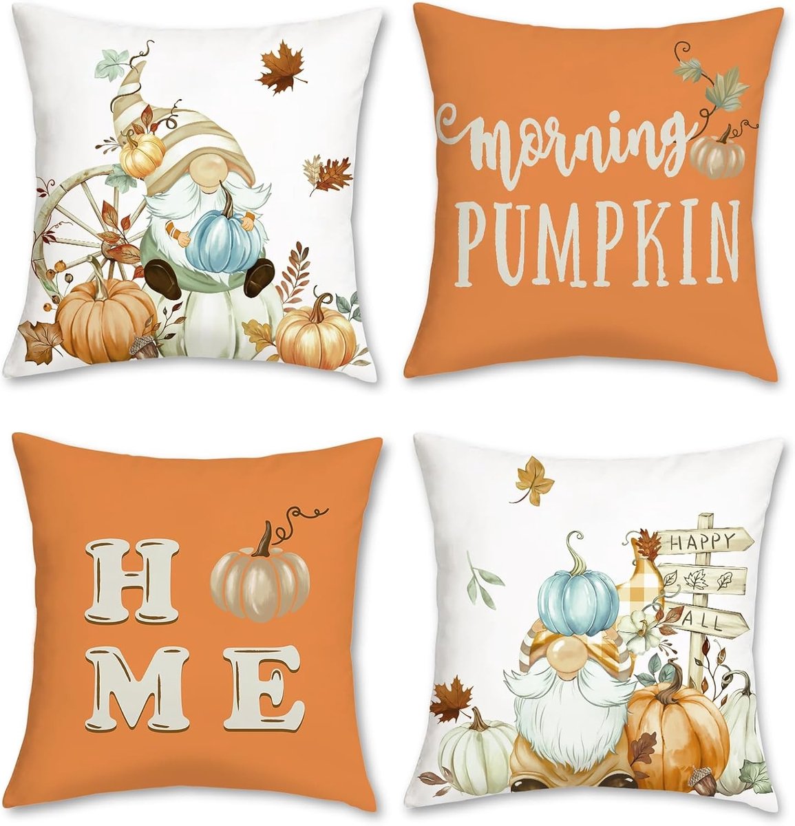 Herfst Kussenhoezen met Gnomes en Pompoenen in Oranje Velvet - Decoratieve Kussens voor Bank, Bed en Patio - Set van 4, 45x45cm