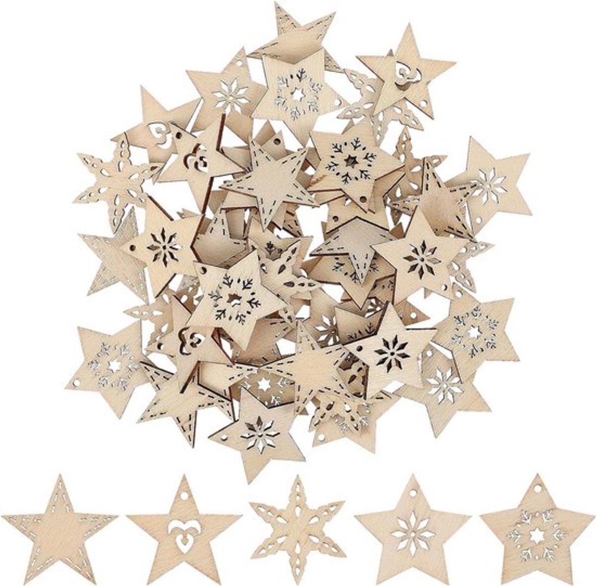Houten sterren kerstboomhanger - 50 stuks - DIY kerstboomversiering - Houten houtschijven - Boomdecoratie - Houten strooidecoratie - Kerstdecoratie - Wit