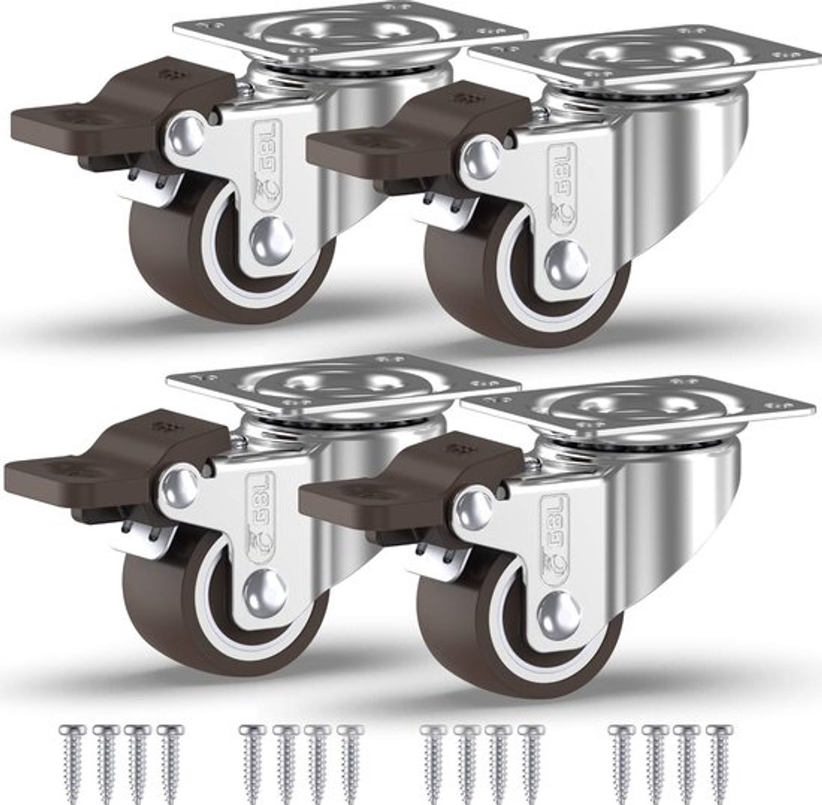 Meubelwielen Robuust met Remmen - Zwenkwielen Set van 4 - Zwenkwielen met Schroefdraad - Rubber Trolleywielen - 360 Graden Draaibaar