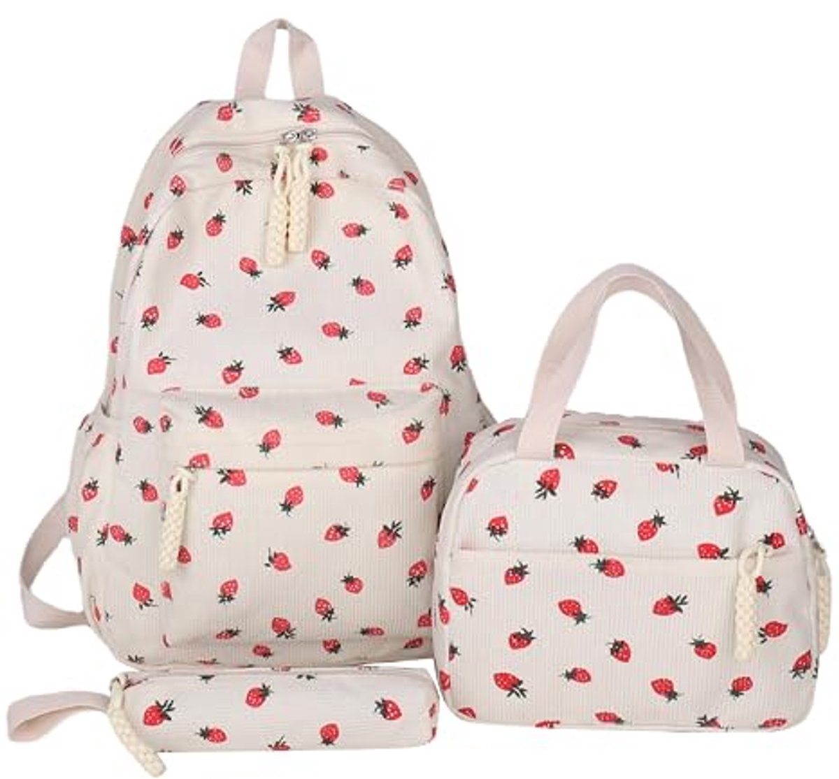 LISM-Meisjesrugzak - Leuke aardbeienkleurige corduroy 3-in-1 rugzak, inclusief fleece lunchbox en etui, geschikt voor meisjes van 8-10 jaar - Gebroken wit