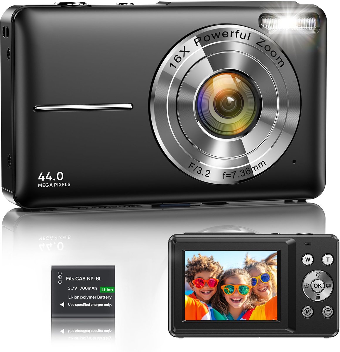 SnelShoppen - Digitale Camera 1080P 44MP Vlogging Camera voor Kinderen en Tieners, FHD Compacte Fotocamera met 2,4 inch Scherm, 16X Zoom, Anti-shake M