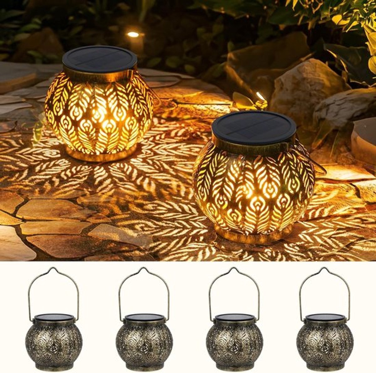 Set van 4 Solar Lantaarns - IP65 Waterdicht voor Tuin, Terras en Oprit - Oosterse Stijl Decoratie