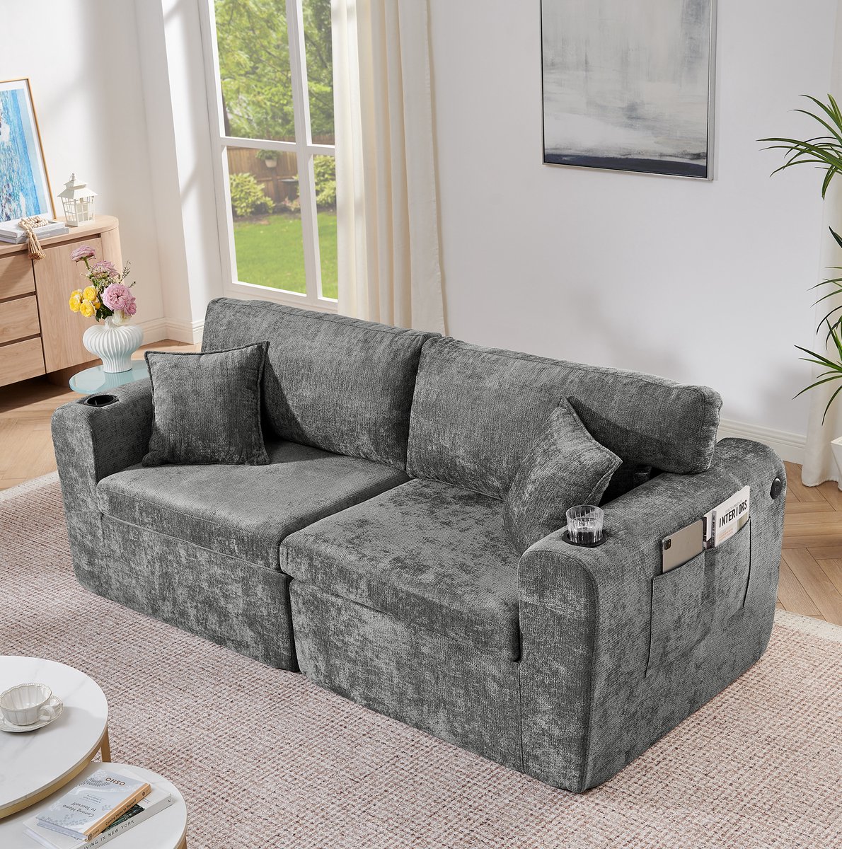 REDOM Zitbank - 2-zits ontwerp - USB-oplaadfunctie met zijvak en bekerhouder - Modern - Woonkamer en appartement - Chenille - Grijs - 220 x 100 x 89 cm