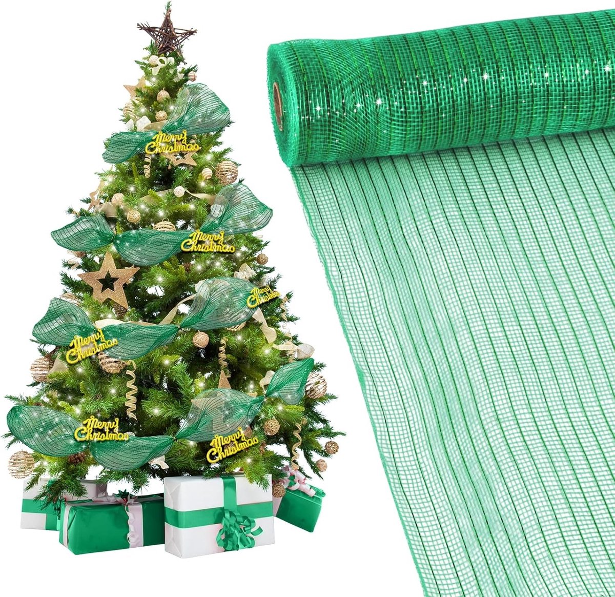 Decoratieve Netband voor Kerstboom, Wreaths en Guirlandes - 26 cm Poly Mesh Tape met Metalen Folie in Groen