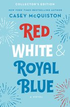 Boek "Red, White & Royal Blue" Collector's Edition, New York Times Bestselling Author Casey McQuiston. Rode, witte en blauwe tekst op een lichtblauwe achtergrond met vuurwerk.