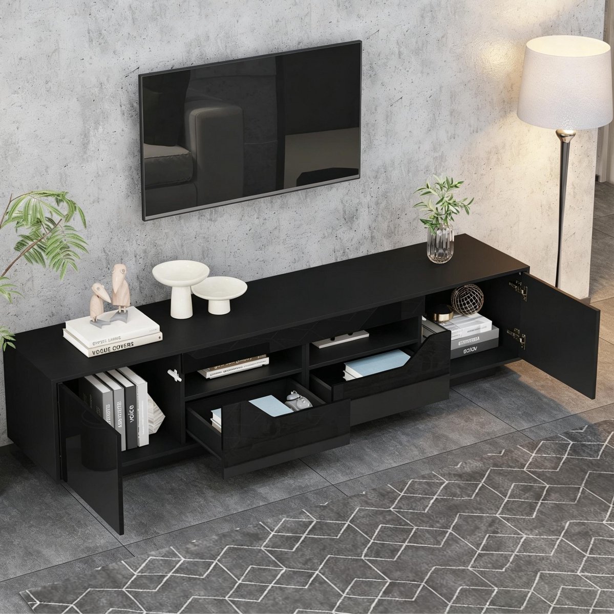 STILVORA Dressoir - Tv-Meubel Met Ledverlichting En 2 Lades - Voor Woonkamer En Tv Tot 75 Inch - Hoogglans Spaanplaat - Zwart