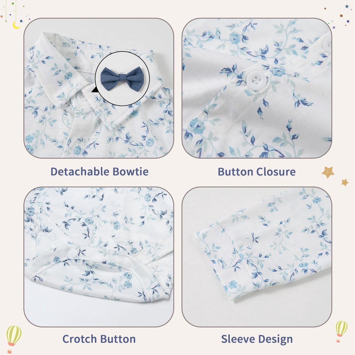 SnelShoppen - Elegante Jongenskleding Set 4-delig - Overhemden, Vlinderdas, Vest, Broek - Blauw Bedrukt - Ceremonie, Bruiloft, Feest - 18-24 Maanden