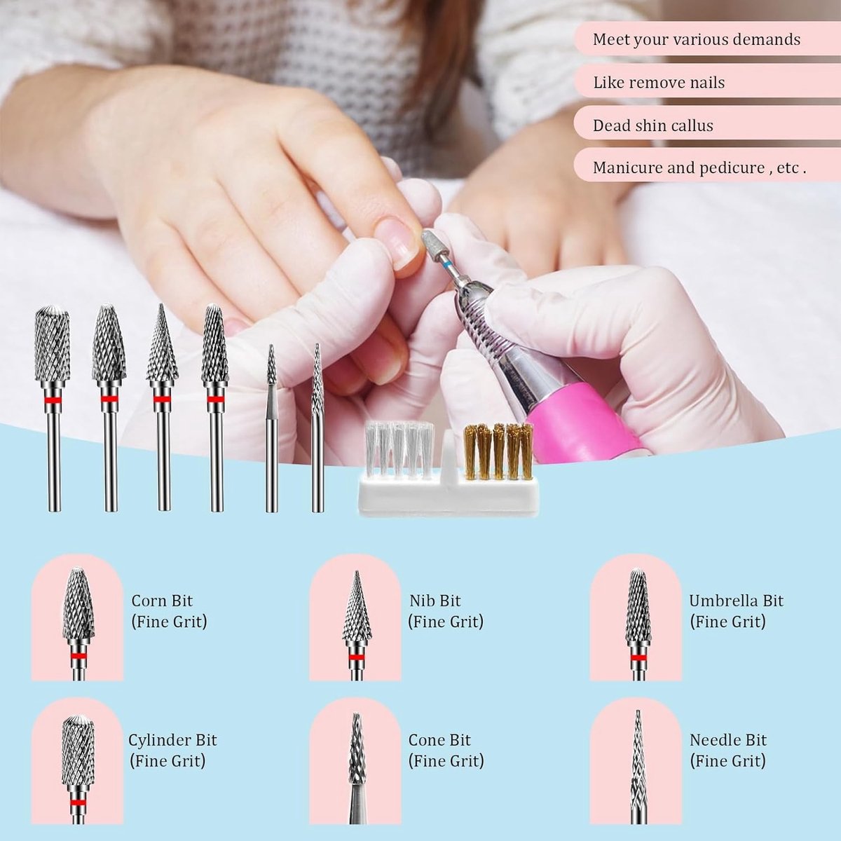Professionele 7-delige set nagelfrees bits voor manicure, gelnagels en nagelverzorging met borstel (Stijl 1)