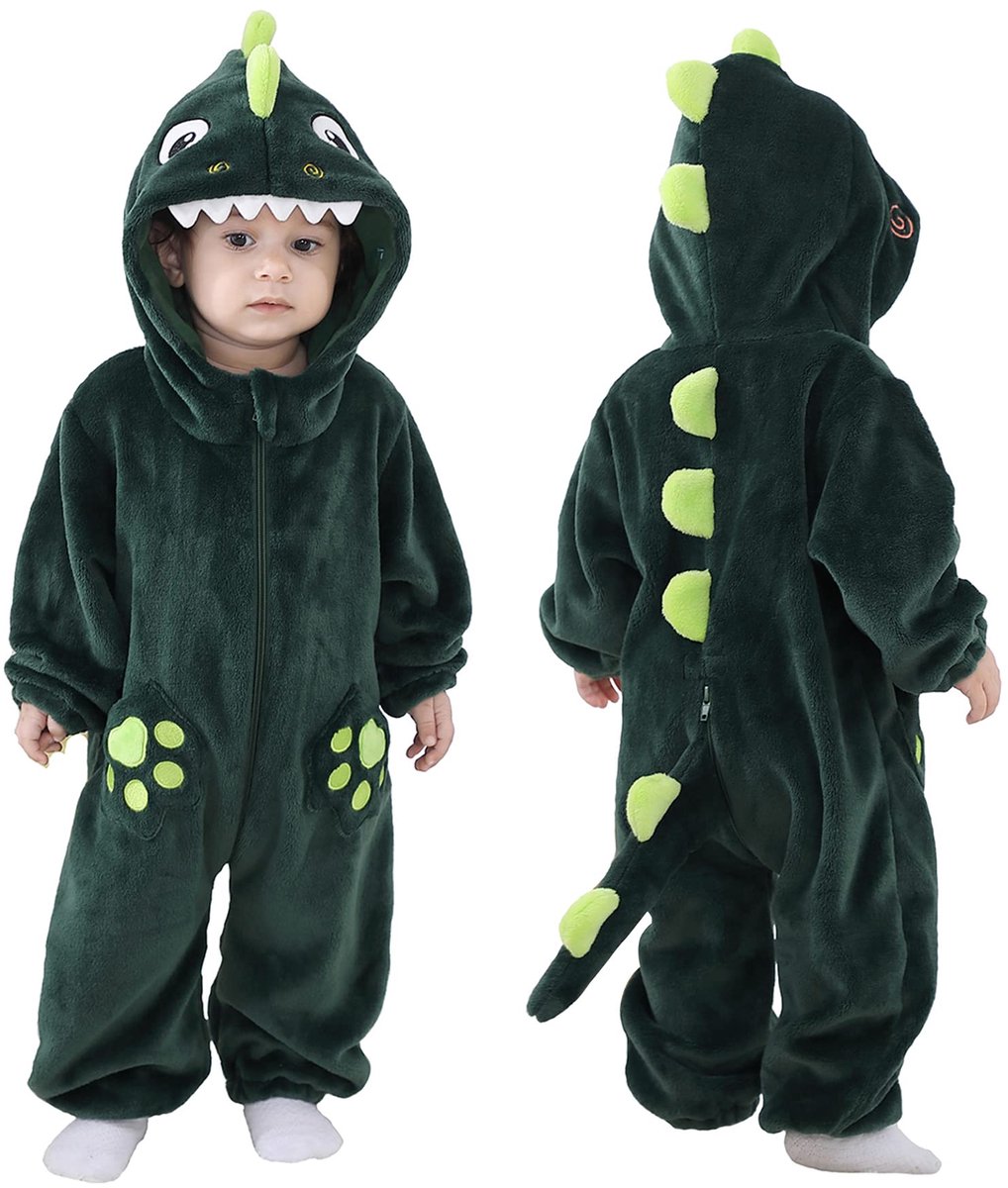 SnelShoppen - Unisex Kids & Peuters Kostuum Outfit Flanel Baby Jongens Meisjes Donkergroen Haai Hooded Rompertjes Jumpsuit 3-6 Maanden voor Feest, Spe