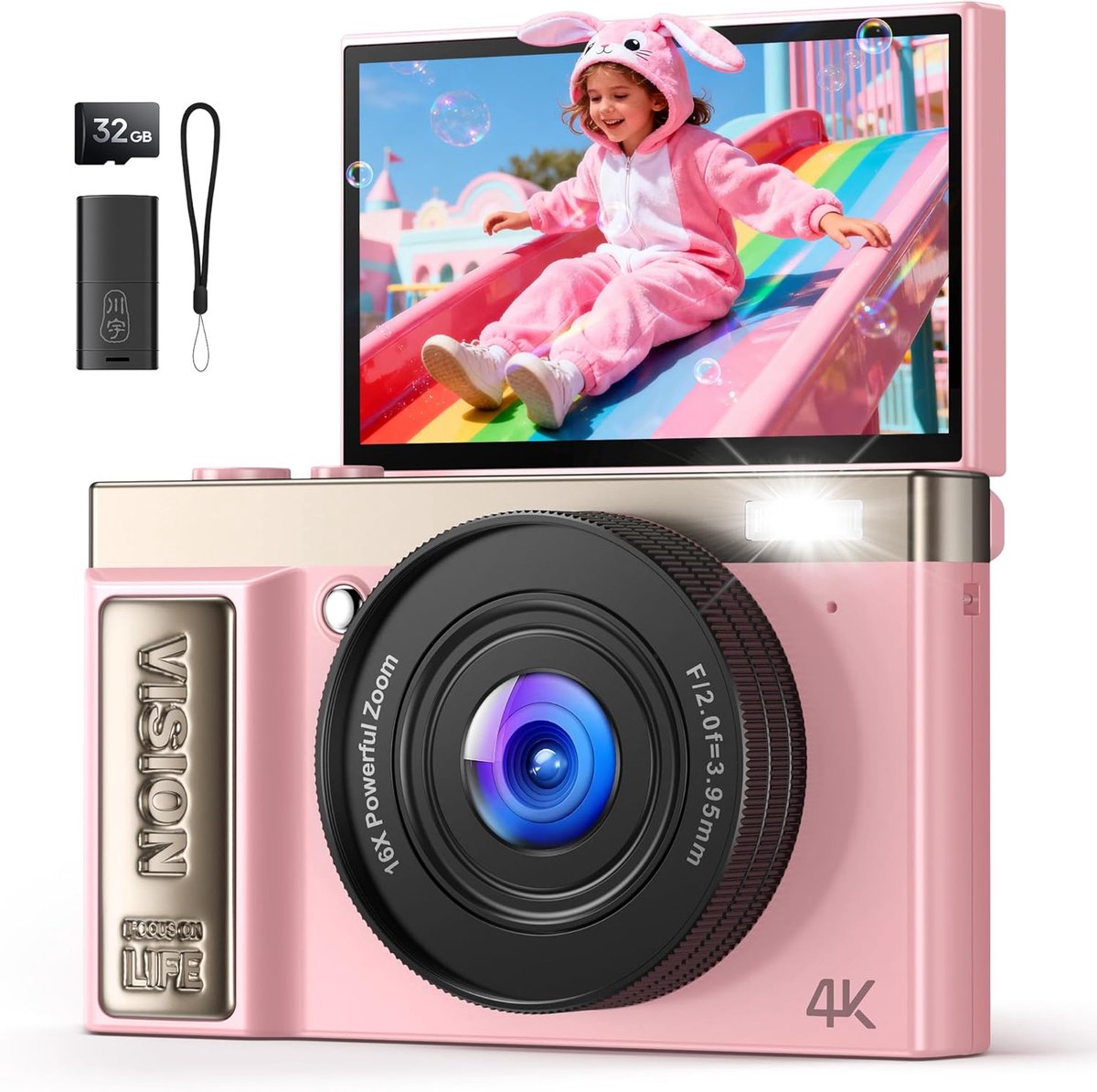 SnelShoppen - Digitale Camera 4K Roze 64MP voor Vlogging en Fotografie - 16x Zoom Compact Camera met 180° Flip Screen - Perfecte Geschenken voor Tiene