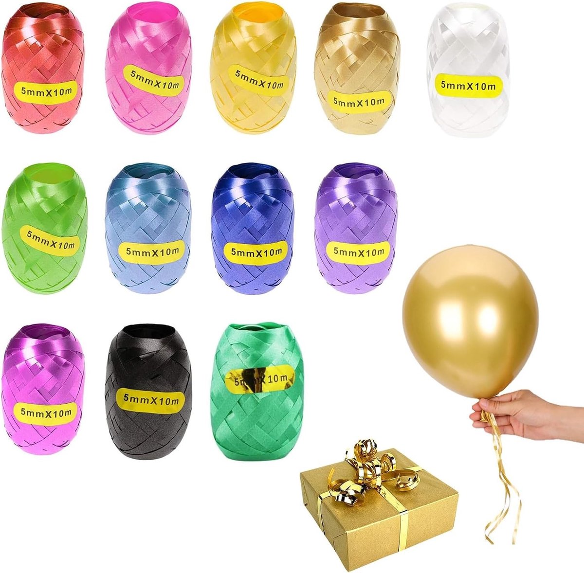 Set van 12 Stukken Kralenlint voor Cadeaus, Ballonnen en Feestdecoratie - 5 mm x 10 m Rol voor Verjaardag, Bruiloft en Kerstmis