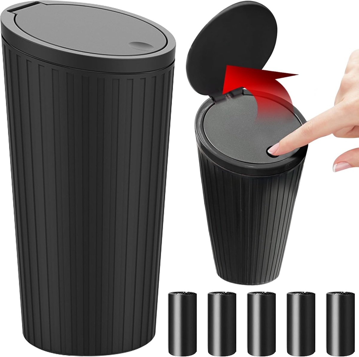 TZEKING Car Trash Bin with Lid, Portable Mini Trash Bin with 5 Rolls Trash Bags, Waterproof and Odour-Proof for Cars - ShopVlot