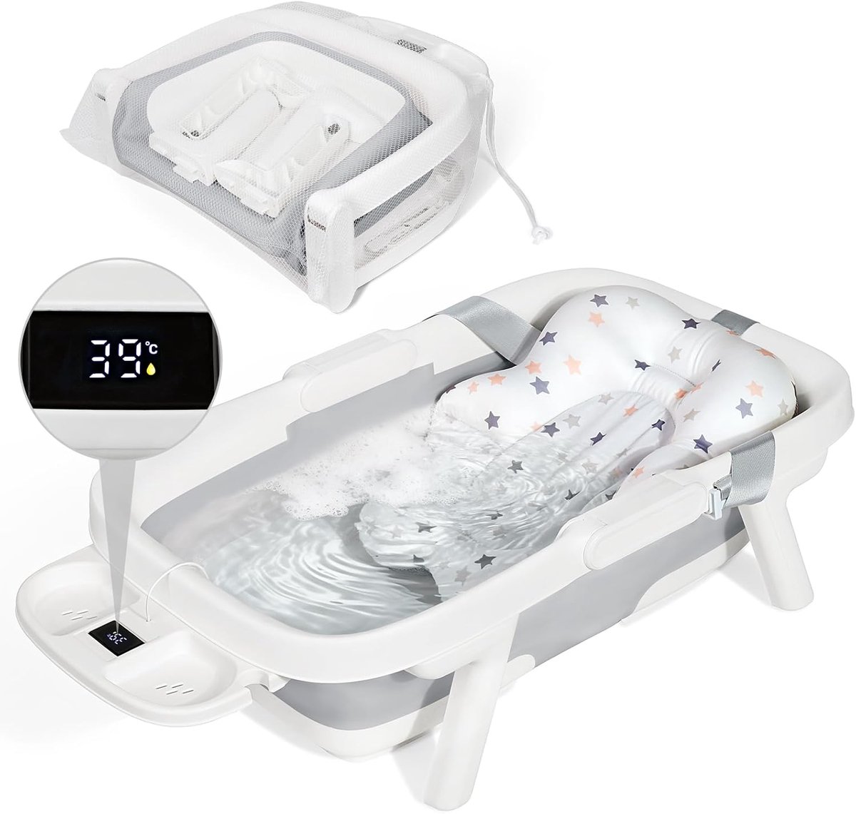 SnelShoppen - Opvouwbare Babybadkuip XXL Grijs voor Kinderen 0-6 Jaar | 3-in-1 Schaal met Thermometer, Zachte Bekleding, Duurzaam, Ideaal voor Thuis e