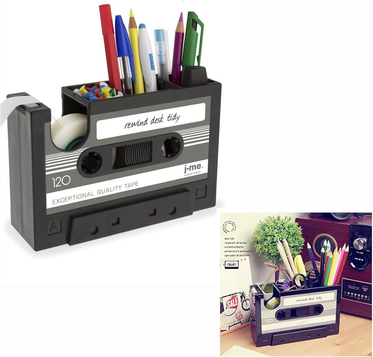 Penhouder retro cassette vorm - Magnetische tape - Desk organizer met 3 vakken - Perfect voor bureaus - SnelShoppen