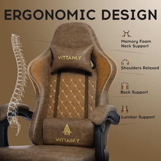 Gamingstoel Ergonomisch - Bureaustoel Gamer - Comfortabel Zitten - Verstelbare Voetensteun - Tot 150 kg - Bruin — afbeelding 4