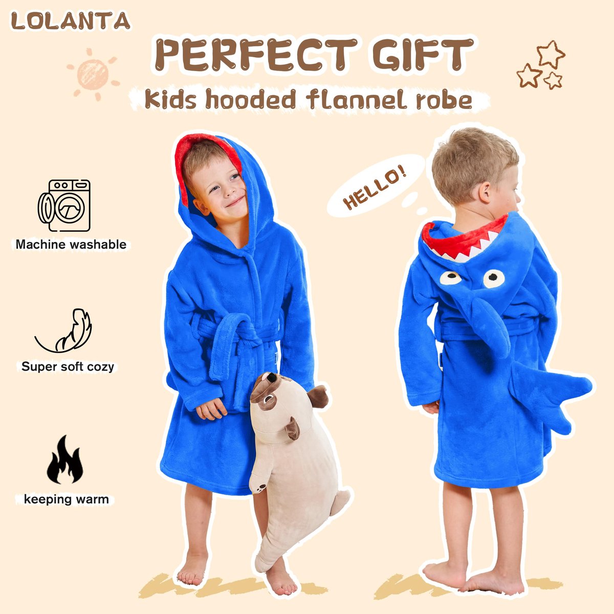 SnelShoppen - Kinderfleece Badjas Haai Pluche Badjas met Capuchon Blauw M (3-5 jaar) voor Thuis, Zwembad, Feestjes en Kamperen