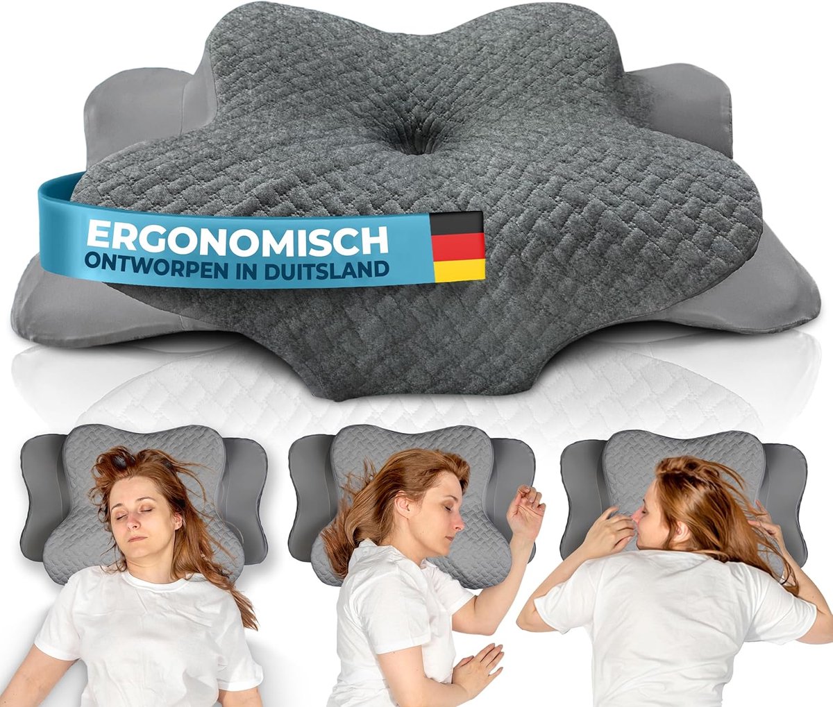 SnelShoppen - Ergonomisch kussen voor alle slaaptypes | Hoofdkussen van traagschuim met neksteun, zijslaapkussen, grijs, ideaal voor rug-, zij- en bui