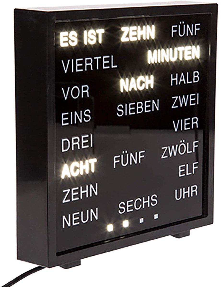 SnelShoppen - Tafelklok met Woordweergave Duits, 16,5 x 16,5 cm, Kunststof, Inclusief Adapter, Ideaal voor Woonkamer, Slaapkamer en Kantoor