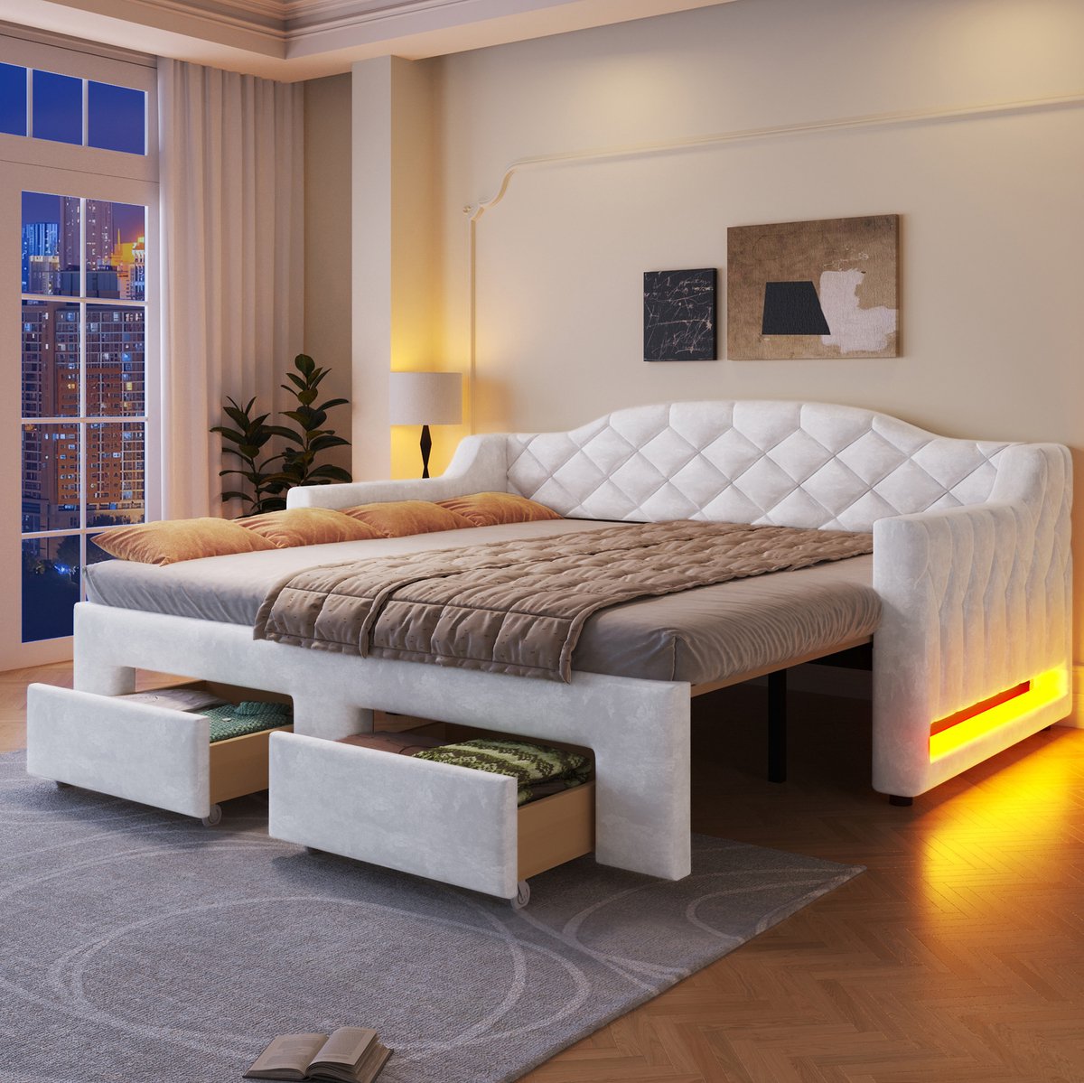 DESMIU Bedbank 90x200 cm – Uitschuifbaar Tot 180x200 cm Met Ledverlichting – 2 Laden – Voor Slaapkamer Of Gasten – Fluweel – Wit – Zonder Matras White