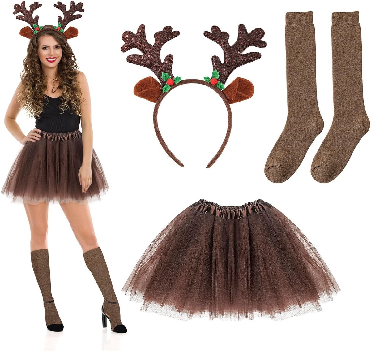 Drie-delig rendier kostuum voor vrouwen met oren en hoorns, inclusief tutu, sokken en accessoires voor carnaval, Halloween en kerstfeest