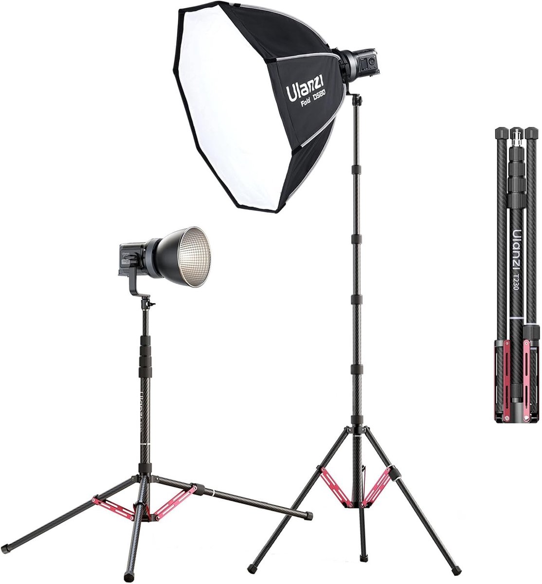 Professionele Carbon Lichtstandaard van 2.3m, Draagbaar en Compact, Geschikt voor Studio Lamp en Ringverlichting, Maximaal 5kg Belastbaar, Minimaal 60cm Hoog